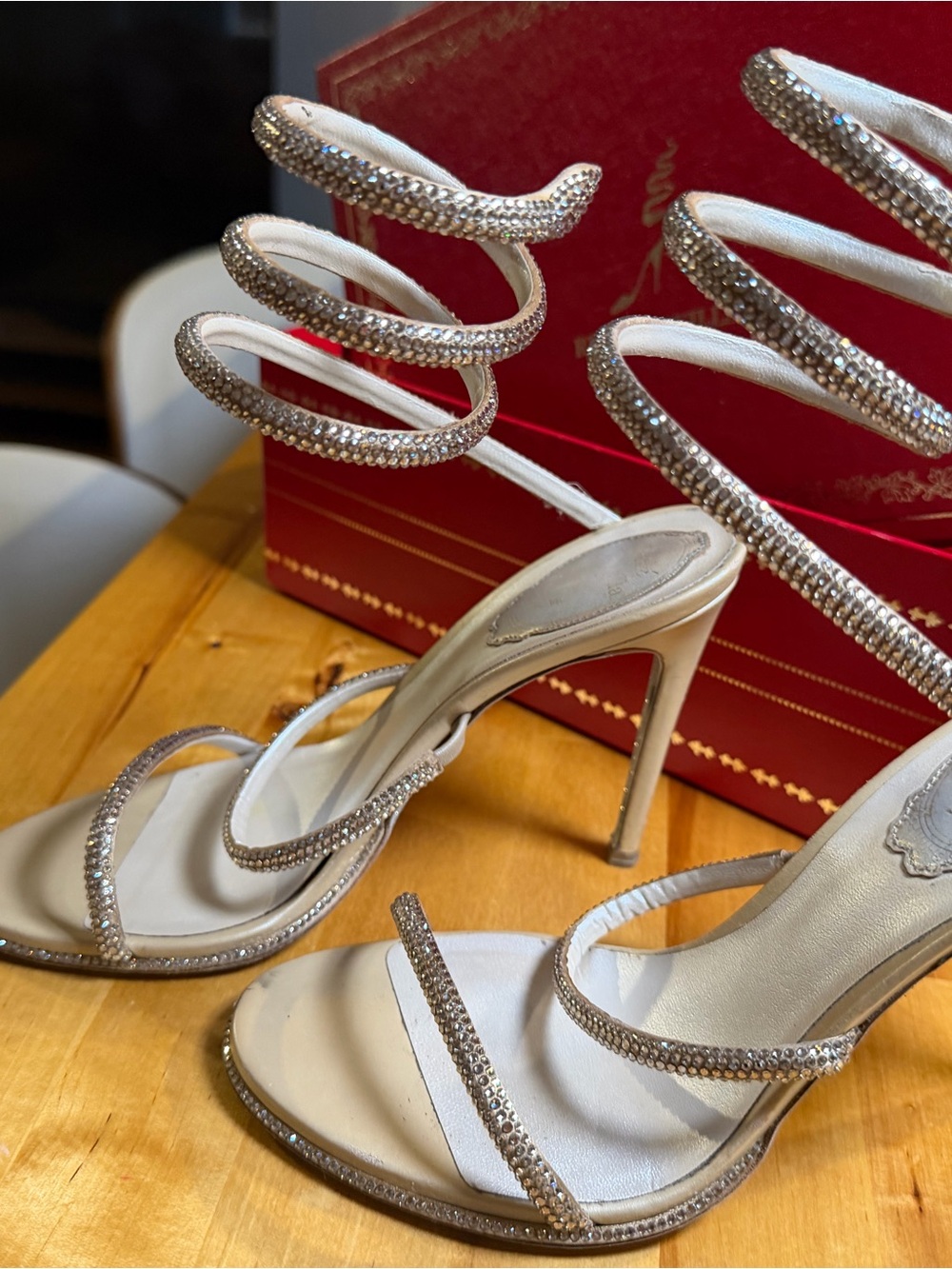 Rene Caovilla White Crystal Spiral Wrap Stiletto Sandals